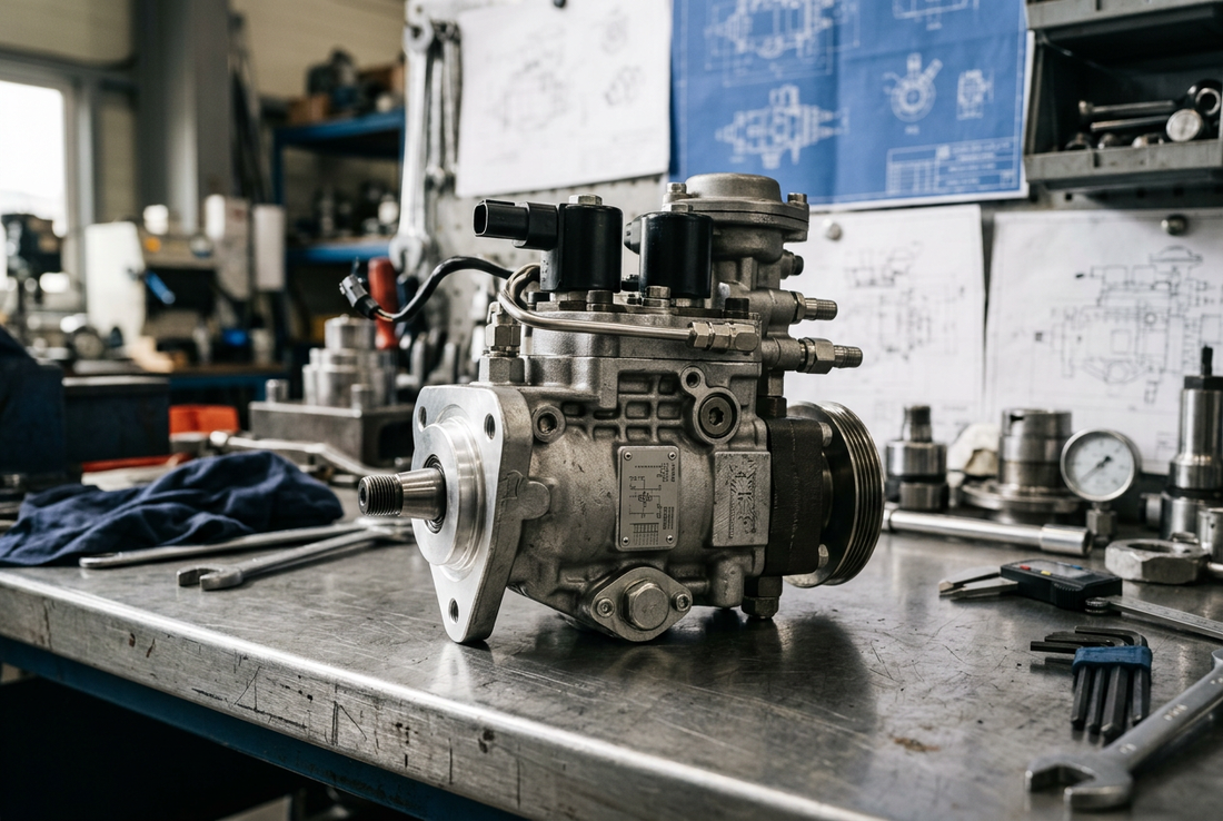 Denso HP4 high-pressure fuel injection pump on steel workshop bench with technical blueprints and tools