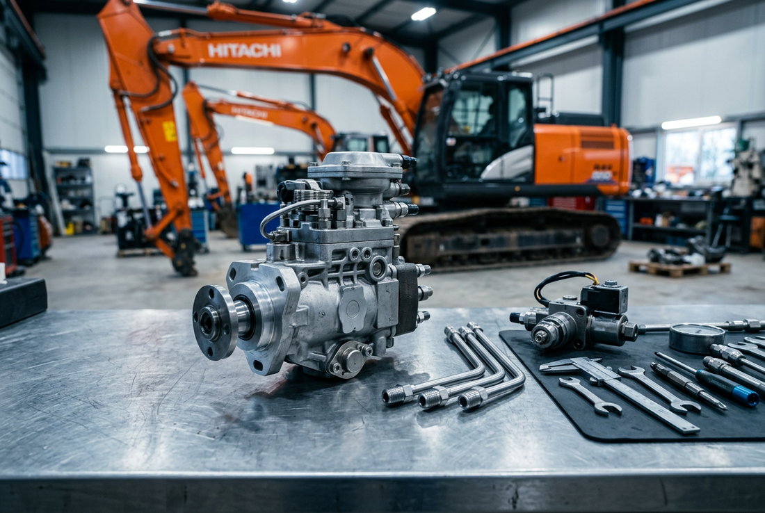 Hitachi ZX200-3 Isuzu 4HK1 Denso HP3 Fuel Injection Pump on Heavy Workshop Workbench