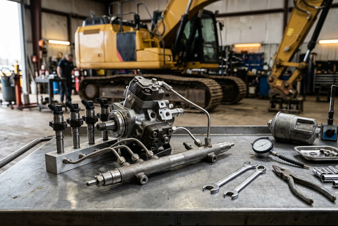 Komatsu PC200-8 common rail fuel injection pump, CRIN injectors, and rail assembly on workshop steel bench