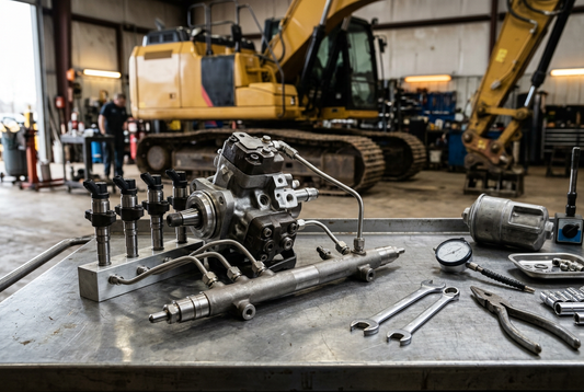 Komatsu PC200-8 common rail fuel injection pump, CRIN injectors, and rail assembly on workshop steel bench