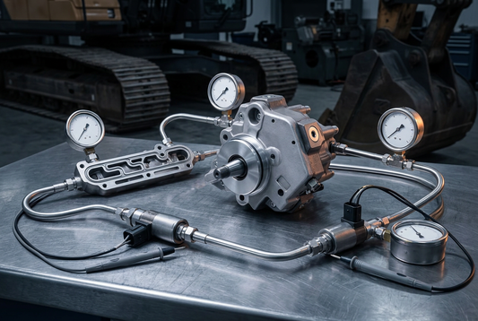 High-pressure diesel common rail fuel system diagnostic testing on workshop steel bench for P0088 overpressure troubleshooting