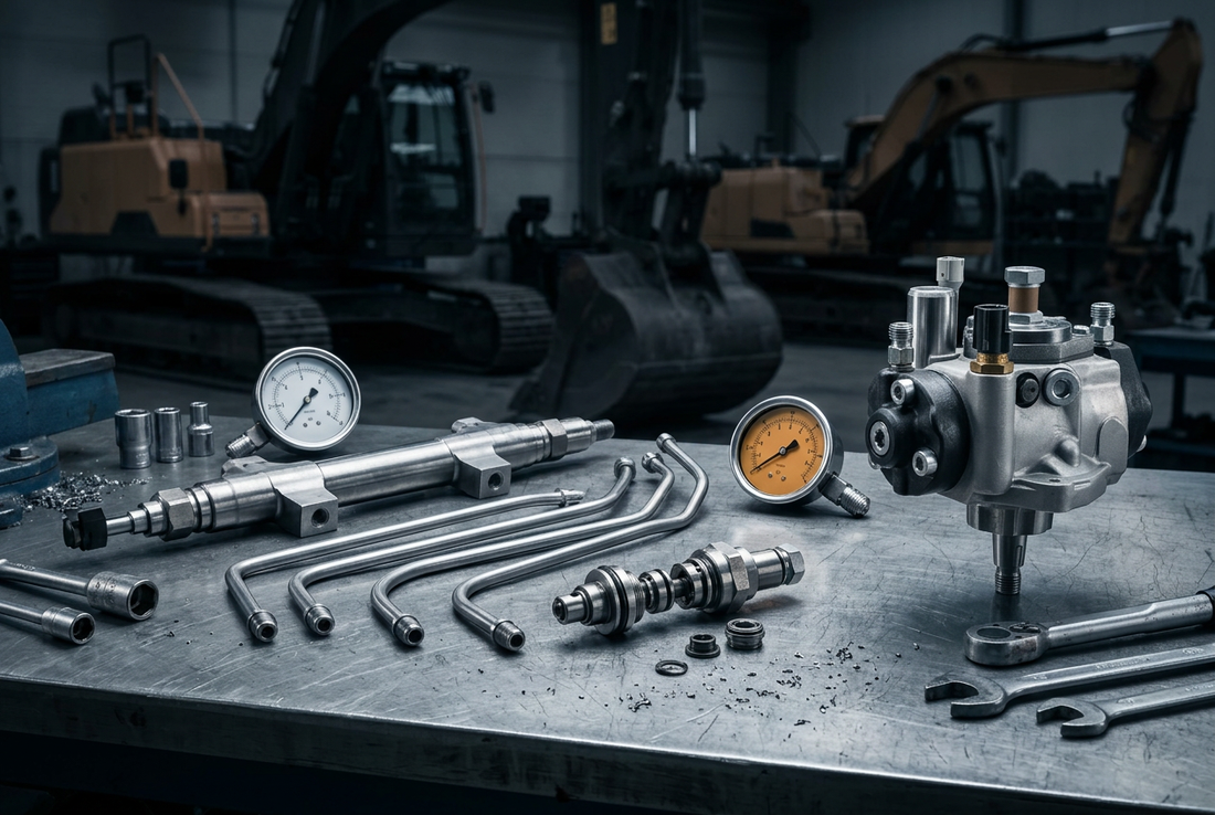 High-pressure diesel common rail fuel system teardown on workshop steel bench for P0093 diagnostic inspection