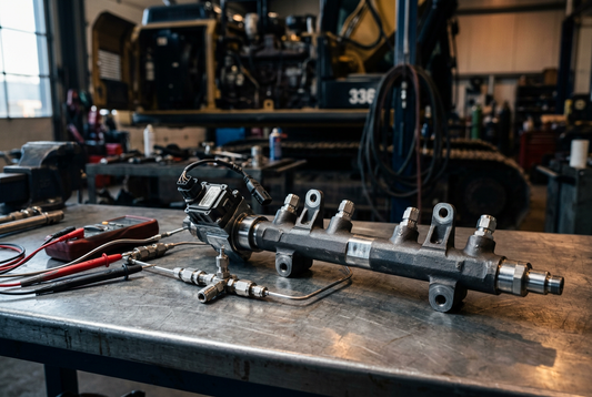 Diesel common rail fuel pressure sensor and diagnostic test probes on steel workshop bench for SPN 157 troubleshooting